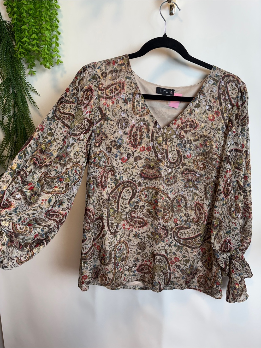 1. State Beige Paisley V-Neck Long Sleeve Blouse